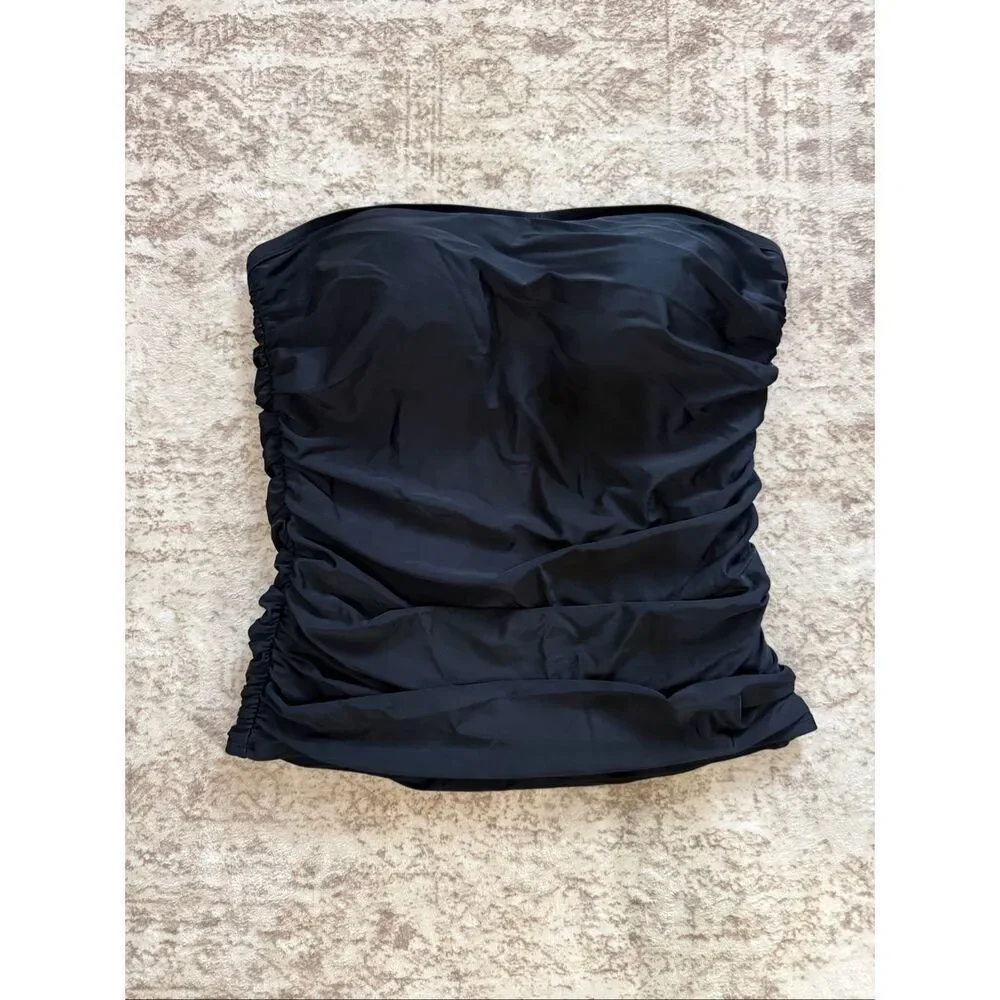 Ocean Blues Women's Ruched Tummy Control Bandeau Tankini Swim Top Black Size XXL